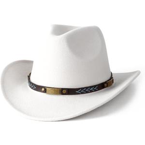 Men Women Western Cowboy Hat Classic Roll Up Cowgirl Hats with Buckle Belt (White)