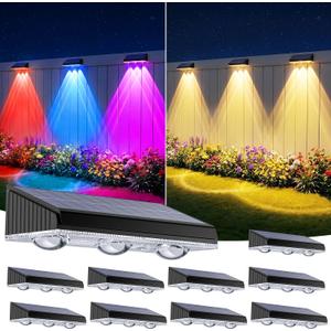 Solar Fence Lights Outdoor 10 Pack, Upgraded Brightness 3X LED Lens Fence Lights Solar Powered, 9 Fixed Colors & RGB Lights,IP65 Waterproof Solar Lights for Outside Backyard/Railing/Step/Patio