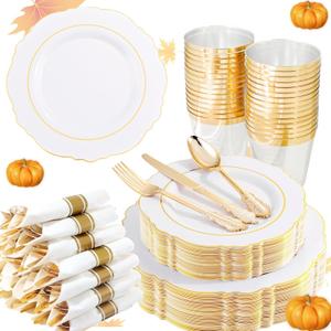 Liacere 350PCS Gold Plastic Plates-Disposable White and Gold Plates 50guest Baroque Plastic Dinnerware include 100Plates, 50Pack Pre Rolled Napkins with Silverware 50Cups for Wedding & Thanksgiving