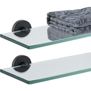 JQK Bathroom Glass Shelf Black, Tempered Glass Shower Storage 20 by 5 inches, 304 Stainless Steel Matte Black Wall Mount, 2 Pack, TGS101L20-PB-P2