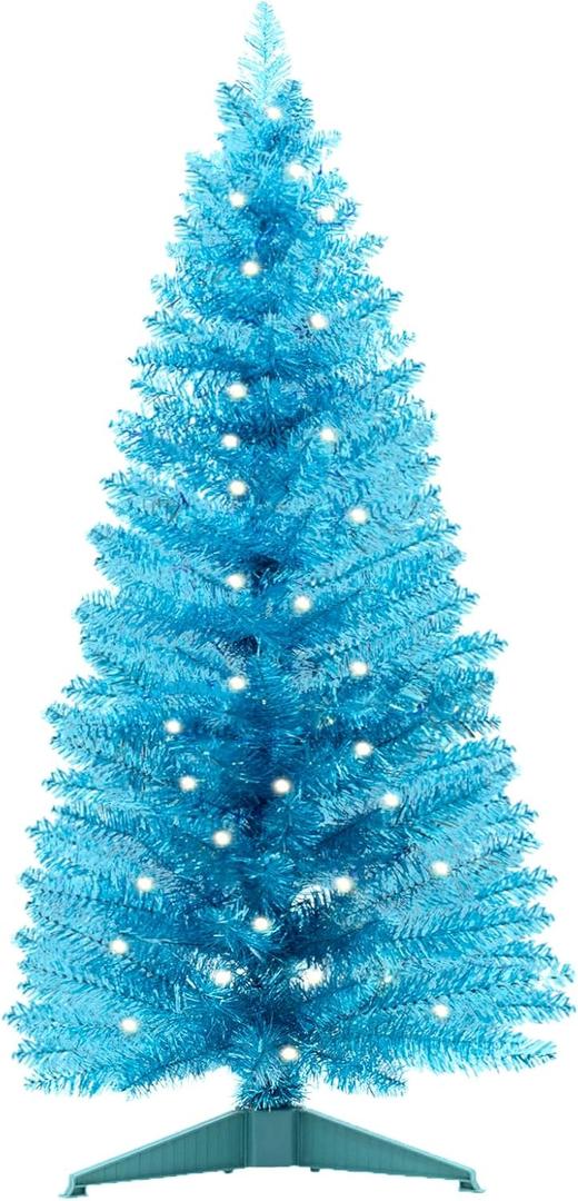 4ft Lighted Artificial Blue Christmas TreeSmall Snowy Artificial Xmas Tree, Not Pre-lit White Tinsel Pine Trees with Lights for Small Spaces, Office Lobby & Winter Wedding Centerpiece (Blue)