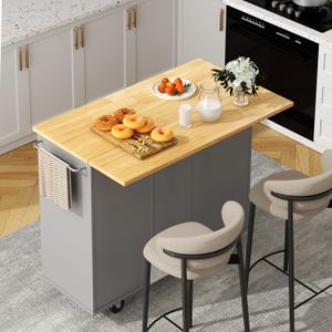 Shintenchi Kitchen Island with Folding Drop Leaf, Rolling Island Table with Storage, Kitchen Cabinet on Wheels with Seating Area for Kitchen, Bar Cart with Cabinet, Gray (Grey)