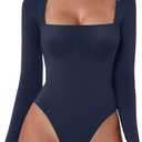QINSEN Women's Sexy Square Neck Bodysuit Long Sleeve Double Lined Shirt Tops (Medium)