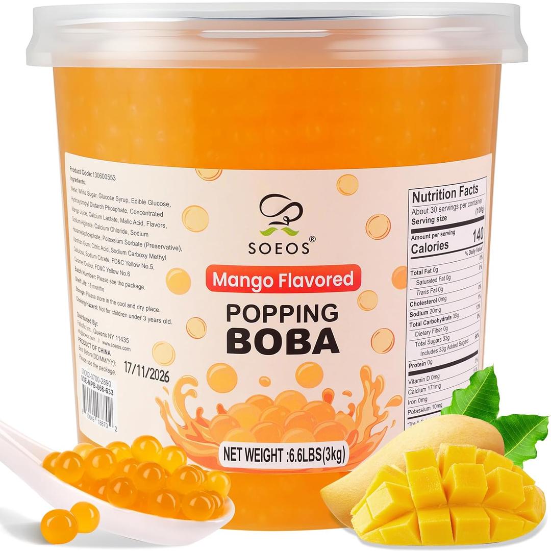 Soeos Mango Popping Boba Pearls 6.6 Pounds, Bursting Boba Pearls for Bubble Tea, Beverages, Shakes, Desserts, Smoothie and Ice Cream Topping, BBD: 12/06/2026