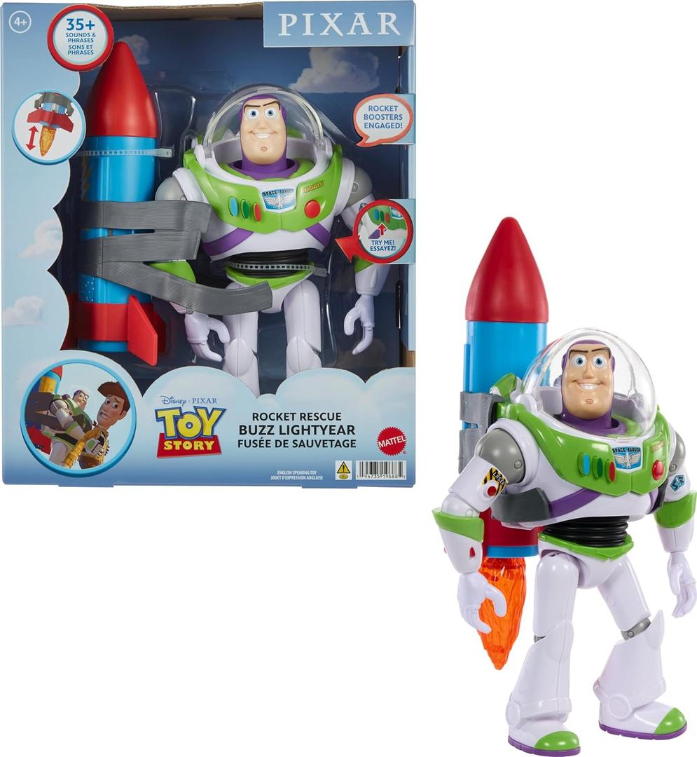 Mattel Disney and Pixar Toy Story Talking Action Figure, Rocket Rescue Buzz Lightyear with 20+ Sounds & Phrases & Moving Helmet Visor, 12-inch Scale
