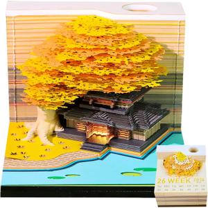 2026 Time Piece Calendar 3D Castle Desk Calendar Memo Pad Paper Tear Away Carving Art Notepad Gift for Valentine's Day Gift Housewarming Office Desktop Decoration (With Calendar & Light) (Marriage Tree - yellow)