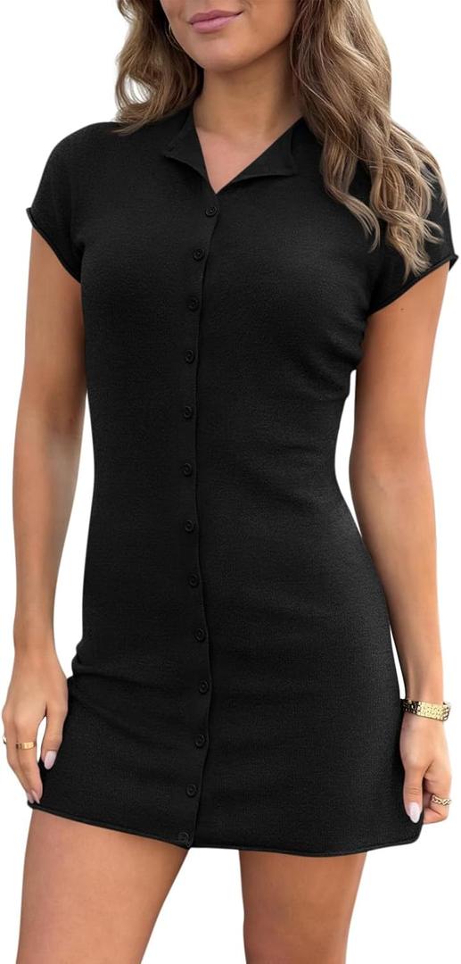 Saodimallsu Womens Button Down Mini Dress Summer Sleeveless Bodycon Casual Knit Short Cardigan Sweater Dresses (Black, S)