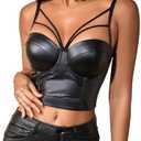 OYOANGLE Women's Pu Leather Cut Out Camisoles Strappy V Neck Backless Fitted Cami Crop Tops.M