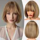 EMMOR 100% Human Hair Wig for Women - 10 Inch Shoulder Length Bob Cut with Bangs & Breathable Cap, Natural Looking for Daily Wear(Mixed Brown)