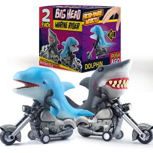 DINOBROS Shark Toy Car 2 Pack Friction Powered Motorcycle Monster Sea Animal Game Great White Shark and Dolphin Toys