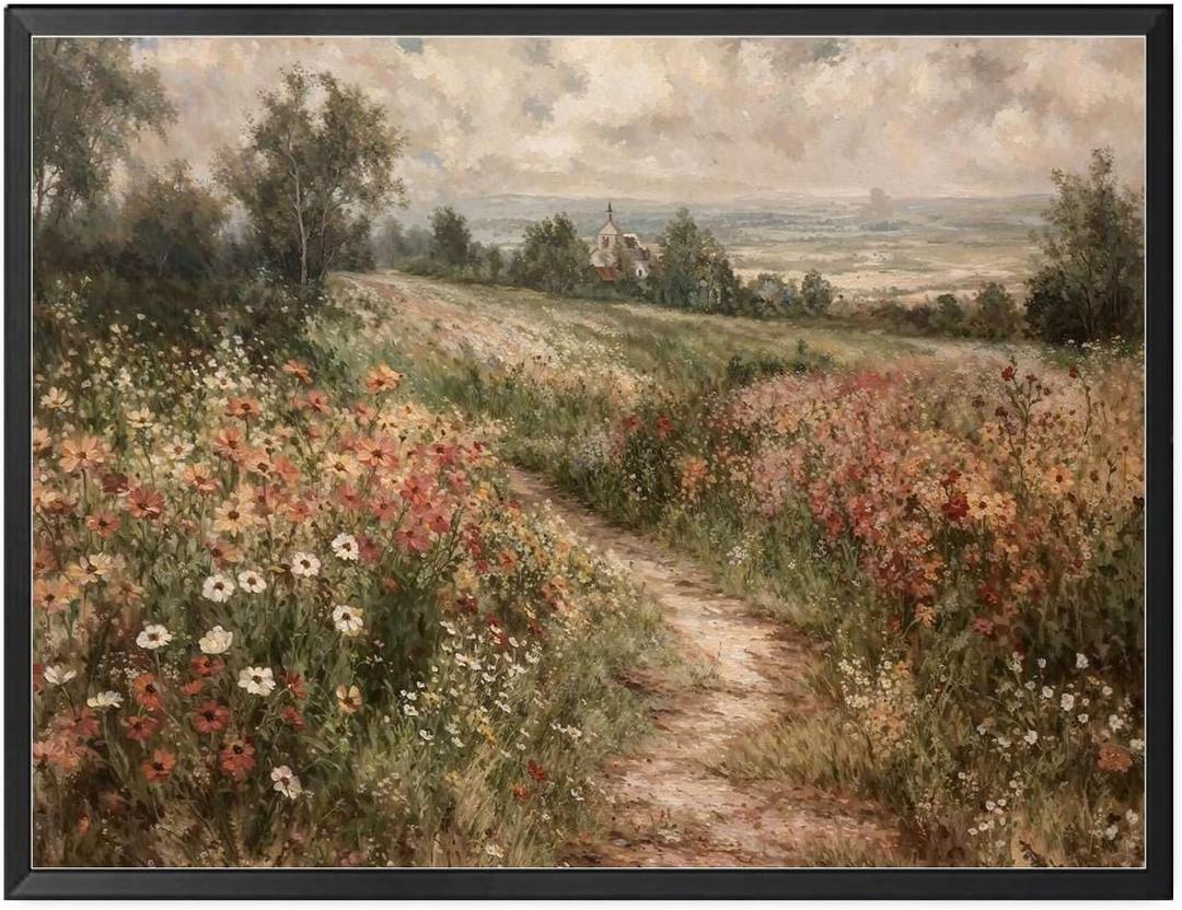 LUCKLYDOUDOU Poster Wall Art Picture Wildflower Field Wall Art Print Nature Flower Landscape Botanical Canvas Minimalist Art Poster Living Room and Bedroom Office Decoration 16x24inch Metal Frame