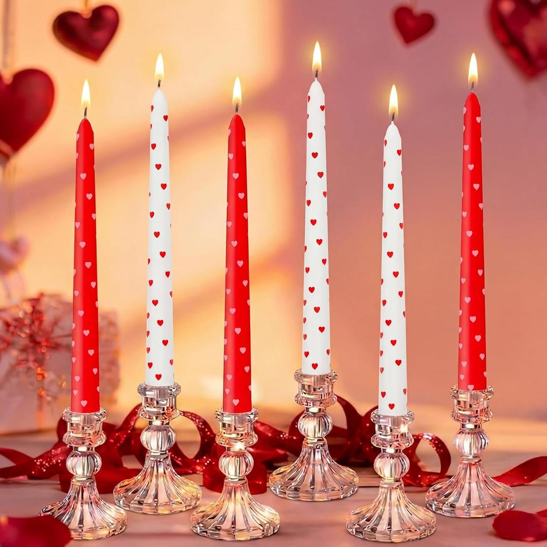12 Pcs Valentine Taper Candles 10 Inch Tall Unscented Heart Candles Stick Valentine Gifts Holiday Decor for Dinner, Party, Wedding, Anniversary(Red,White,Heart)