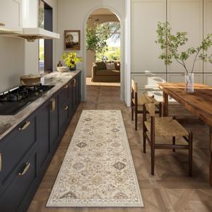 Machine Washable Hallway Runner Rug: 2'x6' Kitchen Rugs Stain Resistant Non Slip Low Pile Soft Carpet Runners for Hallways Indoor Entryway Kitchen Beside Bedroom Bathroom Farmhouse (Beige and Cream)
