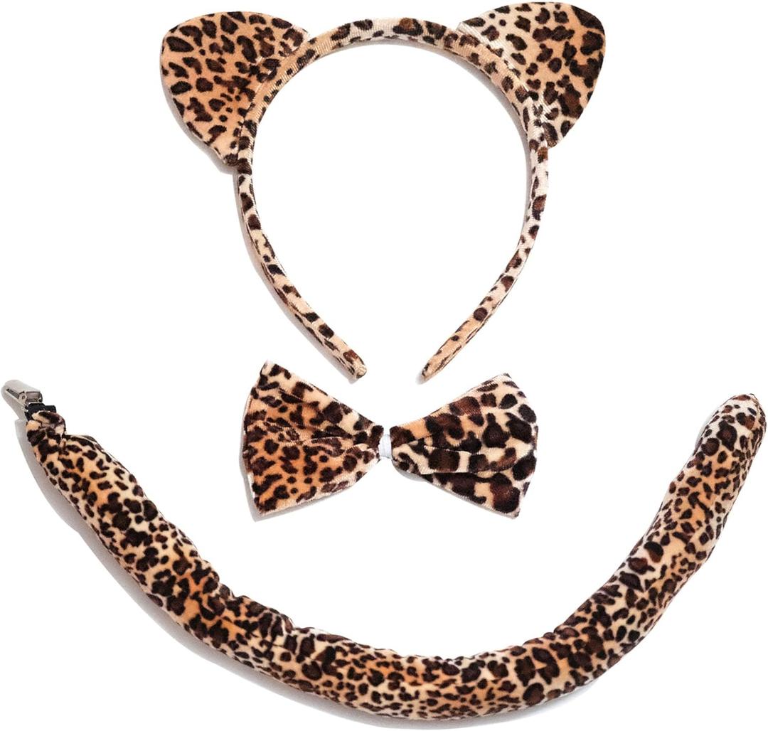Cheetah Costume for Women Adult, Cheetah Ears Headband, Leopard Ears and Tail, Bow Tie Set, Animal Ears Accessories for Halloween, Cosplay, Party Dress Up