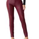 Allegra K Leather Pants for Women High Waist Stretch Tights Motorcycle Leggings with Pockets, Large, Burgundy