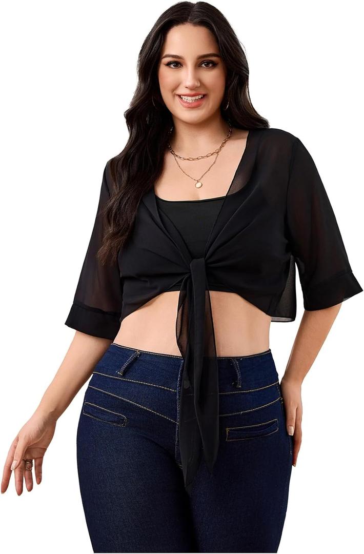 Women's Plus Size Sheer Mesh Chiffon Blouses Tie Front Half Sleeve Crop Cardigan Shrug (Black, L)
