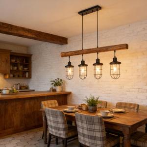 4-Light Farmhouse Kitchen Island Lighting, Dining Room Light fixtures Over Table, Chandeliers for Dining Room Over Island, Wood Vintage Ceiling Chandelier for Living Room