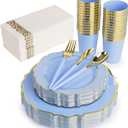 175PCS Baby Blue and Gold Disposable Dinnerware Set  Serves 25 Guests | Baroque Blue Plastic Plates, Cups, Napkins & Gold Cutlery for Baby Shower, Birthday, Wedding or Party Decor