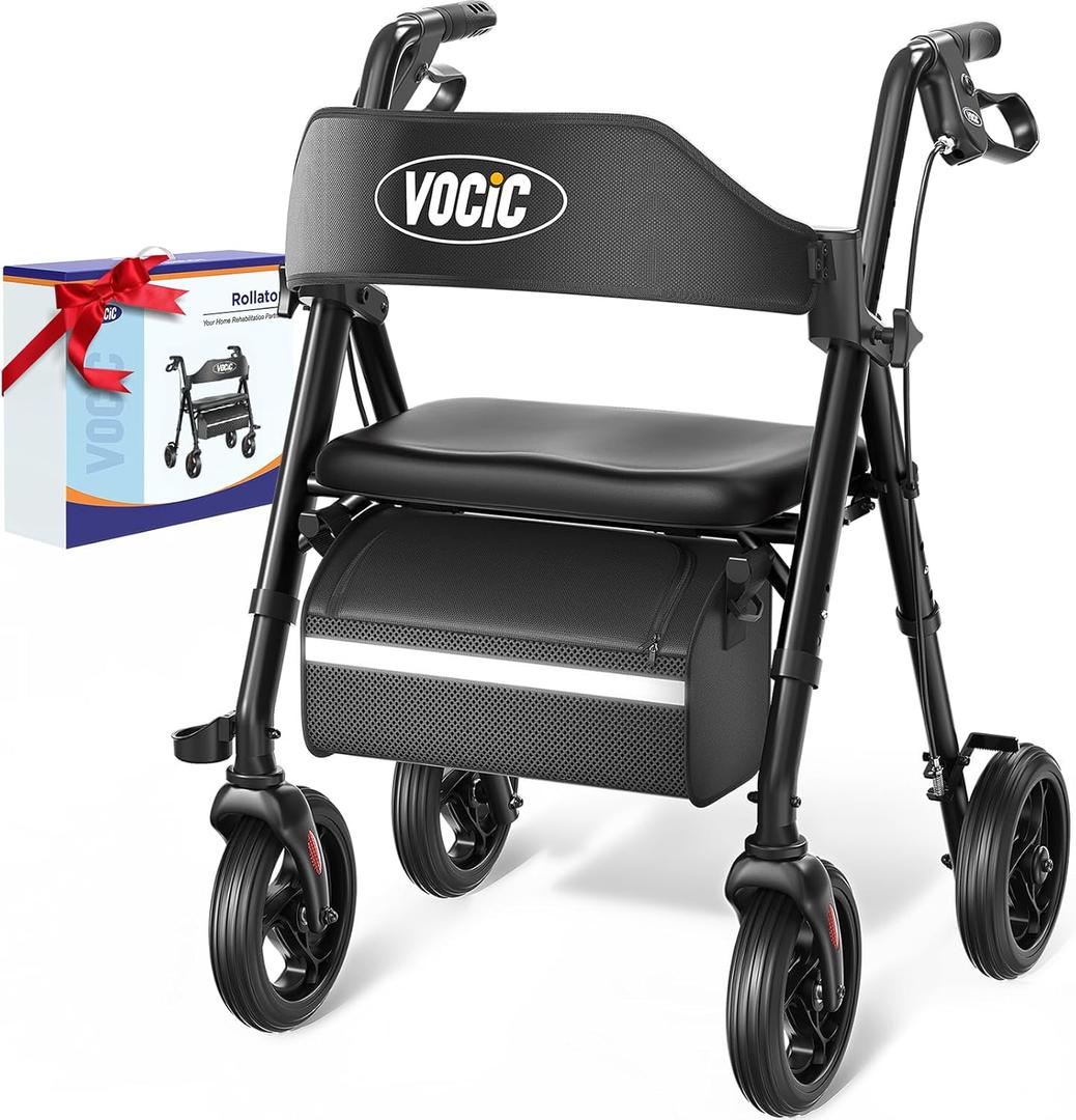 Walkers for Seniors, Z21 Rollator Walker with Seat Supports 350lb, 8" Big Wheels for All Terrain, Ergonomic Arc Seat & 6" Ultra Backrest Foldable Walker, Dual Height Adjustment, Lightweight 2025 (Black)