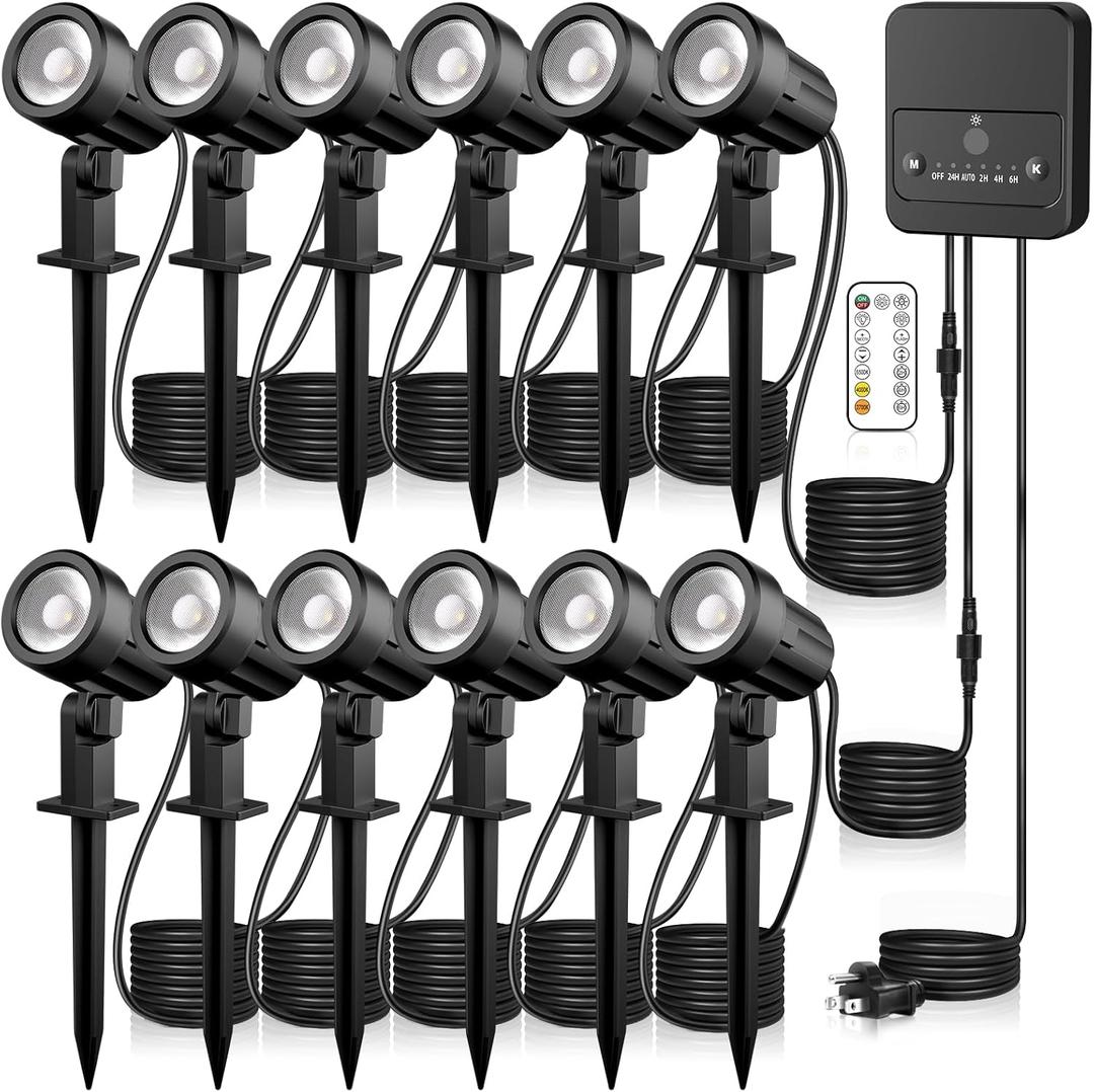LED Landscape Lighting Kit Landscaping Lights with Remote Control Dimmable IP66 Waterproof 2700-6500K Spot Lights for Outdoor Garden Lawn Patio Yard with US Plug 12 Pack