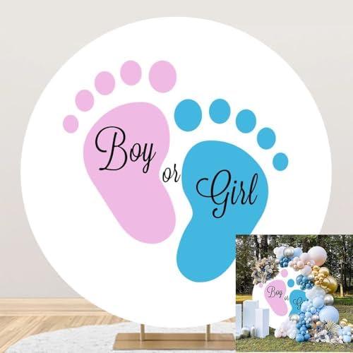 TTQYFNM 6.5x6.5ft Boy or Girl Gender Reveal Round Backdrop Cover Polyester Pink Blue Little Feet Circle Photography Background for Newborn Baby Shower Pregnancy Surprise Party Decor Photo Booth Props