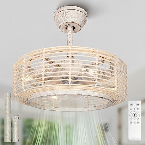 Frstem 20" Boho Rattan Fandelier, Rustic White Metal & Wicker Caged Ceiling Fan with Lights & Remote, 4" & 8" Downrods Slop Ceiling, Bladeless/Low Profile/6-speed for Living Room Bedroom Kitchen