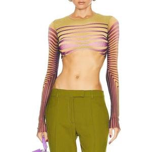 Kasopp Women Y2k Mesh Two Piece Outfits Sexy Print See Through Long Sleeve Top High Waist Pants Club Set, L