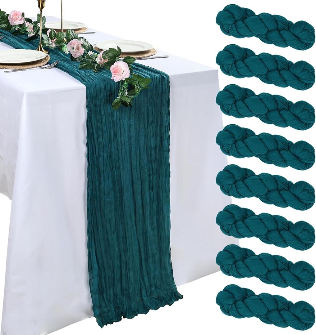 8 Pack Teal Cheesecloth Table Runner Easter 10ft Boho Gauze Fabric 120 Inch Cheese Cloth Table Runner Rustic Sheer for Spring Romantic Baby Shower Party Birthday Home Holiday