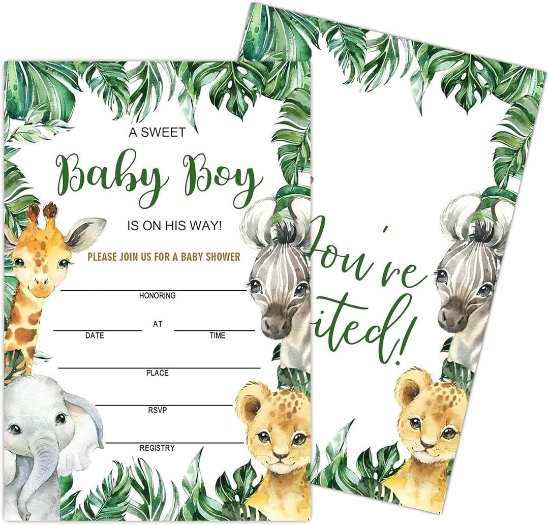7 x Baby Shower Invitations for boy, Jungle Animals Fill In Invites Cards wih Envelopes, Wooden, Set of 25. (Green2)
