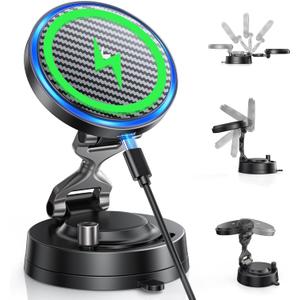 for MagSafe Car Mount Charger 15W Fast Wireless Charging Magnetic Car Phone Holder, 82+LBS Strongest Suction, 3200gf Strongest Magnetic,360Rotatable Stand for iPhone 17-12 Pro Max Plus Air (Black)