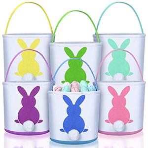 Weewooday 6 Pcs Easter Bunny Basket Bags Canvas Rabbit BucketTote for Easter Egg Hunts Candy Gifts Storage(Fresh Style,Colorful 1)