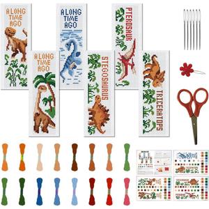 FREEBLOSS 6 Set Cross Stitch Bookmark Kit Cartoon Dinosaur Stamped Cross Stitch Kits for Beginners DIY Embroidery Bookmarks DIY Bookmark Kit for Adults Gift 6 * 20CM