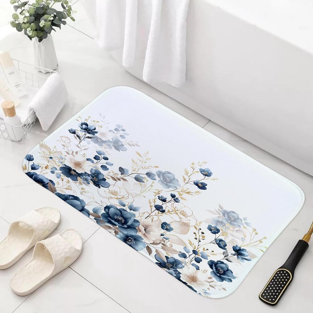 Sanzugh Navy Blue and Gold Flower Bath Mat Rug for Bathroom, Boho Watercolor Floral Leaves Cute Bathroom Floor Rugs Mats Non Slip Kitchen Indoor Decor Decoration Accessories 17X29 Inches
