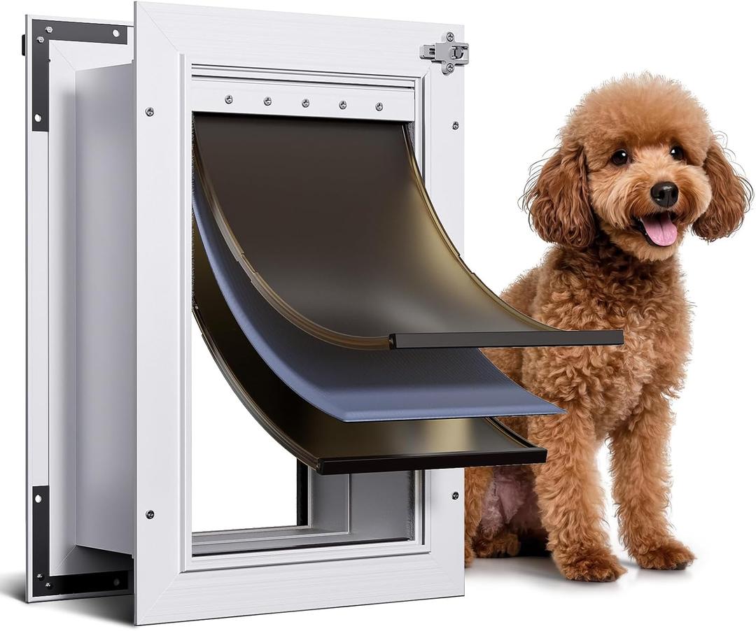 3-Flap Dog Door, All Aluminum Alloy Large Doggy Doggie Door for Wall, Telescoping Tunnel, Heavy Duty Pet Door for Dogs, Insulation Layer, 2 Magnetic Flaps, Closing Panel, Pets Up to 45 LB (Medium)