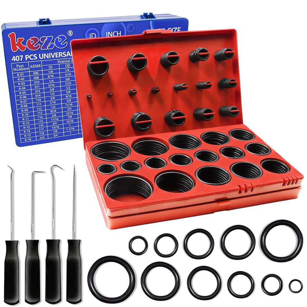 KEZE 826 Pcs Universal SAE and Metric O-Rings Kit,Standard 32 Metric & Inch Sizes O ring Assortment in 2 Box with 4 Piece Pick and Hook for Automotive Faucet Hydraulics Hose Air and Gas Sealing Repair