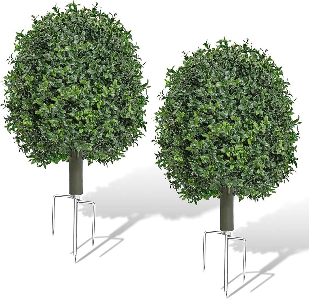 Artificial Boxwood Topiary Trees Outdoor Set of 2, UV Resistant Faux Outdoor Plants with Real Wood Trunk & Metal Ground Stakes, Wind Resistant Boxwood Ball Bushes for Front Porch Patio Entryway Decor