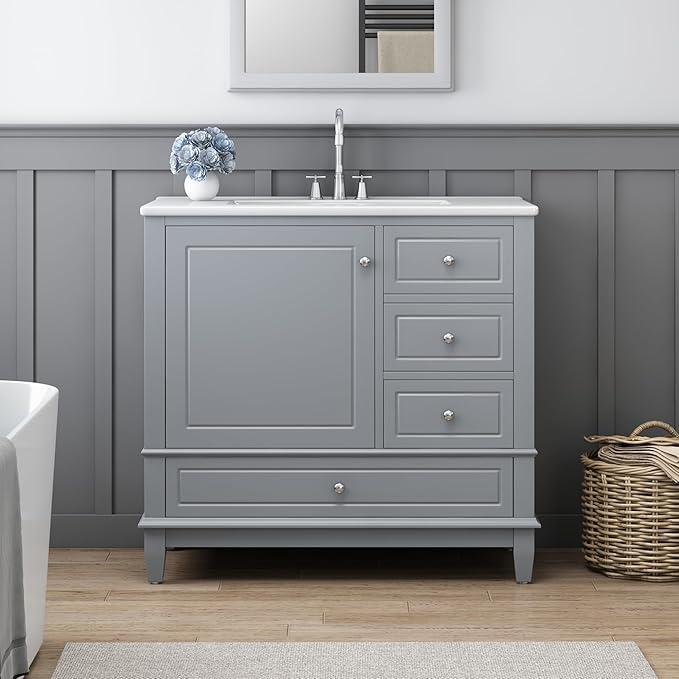 Bathroom Vanity with Ceramic Sink 30 inch, Multi-Functional Storage Cabinet with Drawers and Door Shelf, Solid Wood Frame, Soft-Closing Door, 