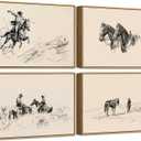 4Pcs Framed Western Cowboy Canvas Wall Art Vintage Neutral Western Painting Picture Wall Decor Black White Sketch Poster Print Artwork for Farmhouse Bedroom Gallery Living Room Home Decoration 8x10in