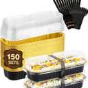 NEEBAKE 150 Pack 6.8 oz Disposable Mini Loaf Pans with Lids and Spoons - 6.5x2.5x1.2 Black Gold Aluminum Loaf Pans, Small Aluminum Tin Foil Baking Pan, Food Containers for Cakes, Bread, Loaves