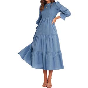 BTFBM Women Casual Long Sleeve Dress Fall Dresses 2024 Solid Color Relaxed Fit Smocked Tiered Flowy Boho Long Dresses(Solid Grey Blue, X-Large)