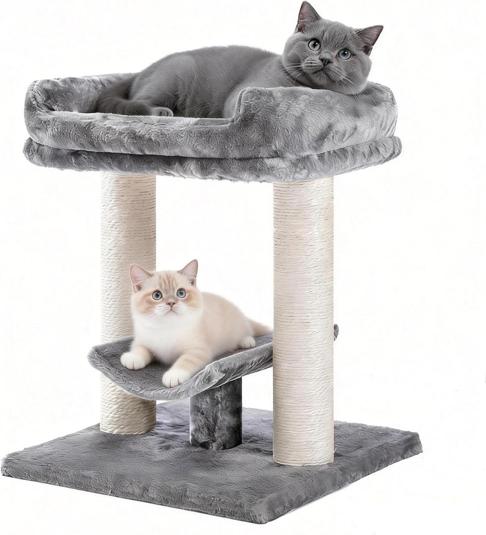 PETEPELA 19" Scratching Post, Cat Tree Tower, 100% Natural Sisal Scratcher With Large Plush Top Perch Bed, Cozy Platform for Kittens and Cats (Classic Grey)
