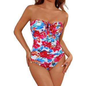 Women's One Piece Swimsuit Strapless Bandeau or Halter Bathing Suits Sexy Flattering Swimwear (XL)