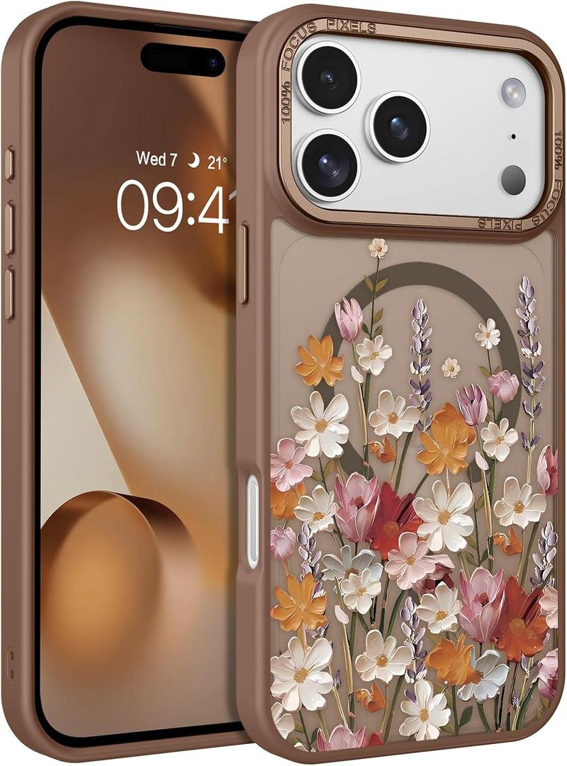 DOMAVER for iPhone 17 Pro Case, Magnetic Phone Case iPhone 17 Pro [Compatible with MagSafe] Slim Fit Flowers Floral Design Shockproof Protective Bumper Women Men Girls Boys Cover, Spring-Brown