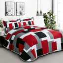 Tyrot 3 Piece Red Black Grey Quilt Set Full/Queen Size Red and White Geometric Reversible Bedding Set Microfiber Lightweight Bedspread Coverlet with 2 Shams Modern Bed Cover for All Season, 90''x96''