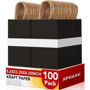 XPCARE 100Pcs Paper Gift Bags 5.25x3.25x8.25'', Small Paper Bags with Handles Bulk, Kraft Paper Bags for Birthday Party Favors, Shopping, Retail Black