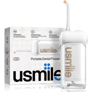 usmile C10 Portable Water Flosser  Travel-Friendly, 95-Day Battery, 4 Modes, 360 Nozzle, 180ml Tank, IPX7 Waterproof, Dentist-Recommended for Braces, Implants & Sensitive Gums (White)