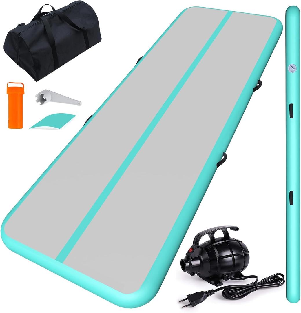 CHAMPIONPLUS Tumble Track Tumbling Mat Inflatable Gymnastics Air Mat 4 inches Thickness for Home Training Cheerleading Yoga with Electric Air Pump (Mint Green, 16'x3.3'x4'')