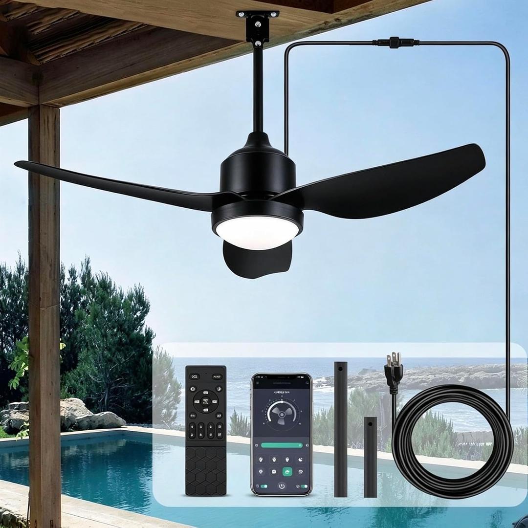 BZX Waterproof Outdoor Ceiling-Fan with Light - 52" Modern Ceiling Fans with 3 Colors LED Light, App & Remote Control, Quiet DC Motor, for Patios Gazebo, Black, Large