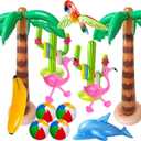 Inflatable Palm Tree Beach Balls Flamingo Banana Parrot Dolphin Cactus Ring Toss Sets for Tropical Hawaiian Beach Luau Summer Pool Party Decorations
