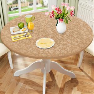 Smiry Round Picnic Tablecloth, Elastic Waterproof Fitted Heavy Duty Vinyl Tablecloths for 57"-68" Tables, Wipeable Washable Table Cover for Kitchen, Dining, Camping, Outdoor, Brown